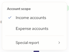 The account scope menu: the Special report option needs a further right.