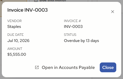 The invoice pop-up: Open in Accounts Payable leaves the widget. Schedule payment (Jo's version, not yet built) would sit beside it.