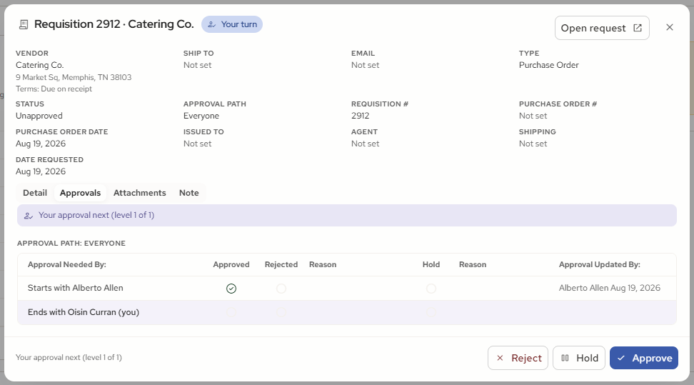 The request pop-up: Approve, Hold and Reject are actions; Open request and each attachment leave the widget.