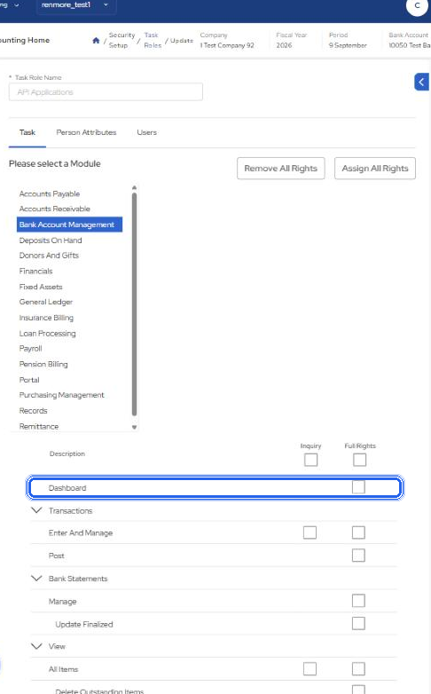 Old Task Role editor, Bank Account Management: the Dashboard row, Transactions, Bank Statements and View; Bank Account Information sits under Modify further down the same tree.