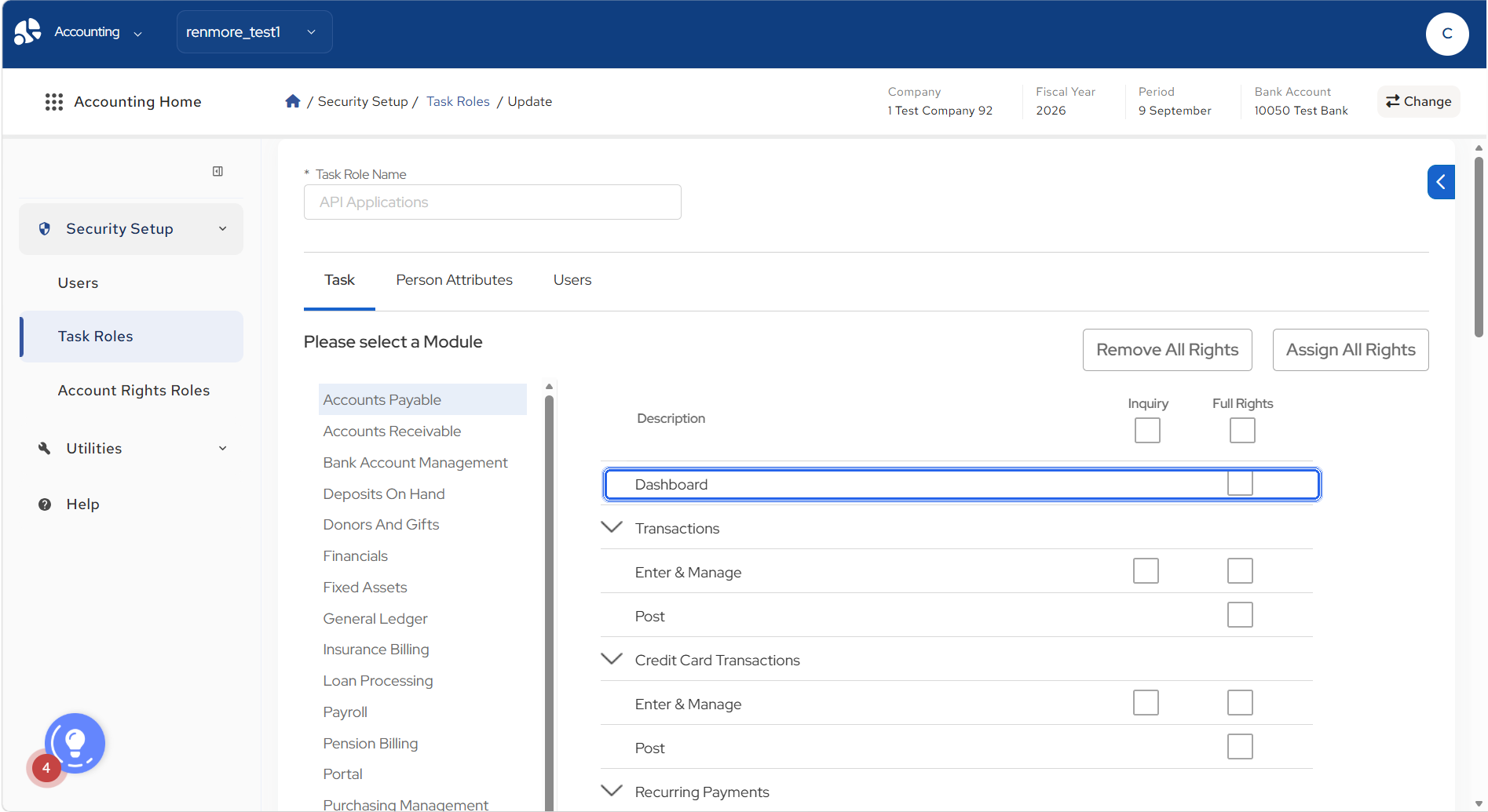 The old system's Task Role editor: Security Setup, Task Roles, Update; the module list on the left and, first in the task tree for Accounts Payable, the Dashboard row with a Full Rights box only