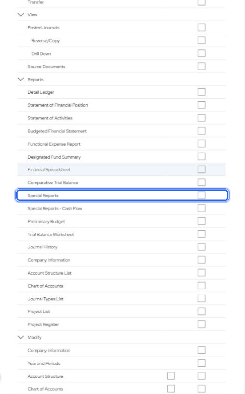 Old Task Role editor, General Ledger: Reports holds Special Reports, the right the Special report option needs.
