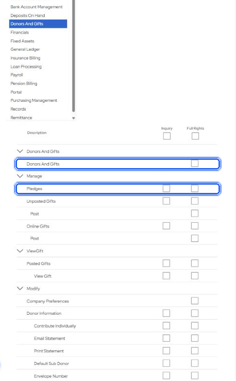 Old Task Role editor, Donors And Gifts: the root row carries the module's name instead of Dashboard; Manage holds Pledges with both boxes.