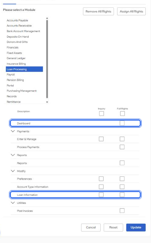 Old Task Role editor, Loan Processing: the Dashboard row; Modify holds Loan Information, the page behind Open loan.