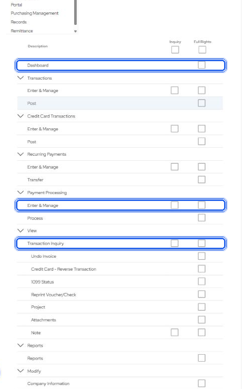 Old Task Role editor, Accounts Payable: the Dashboard row; Payment Processing with Enter & Manage and Process; View with Transaction Inquiry and its sub-rows.