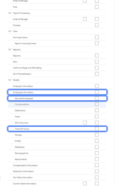 Old Task Role editor, Payroll: Modify, Employee Information, with Secured Employees and Time Off Hours as separate rows. Time Off Hours is the task the old panel tested; by the rule above, V2 uses the Payroll Dashboard row and keeps the Update check on Approve and Undo.