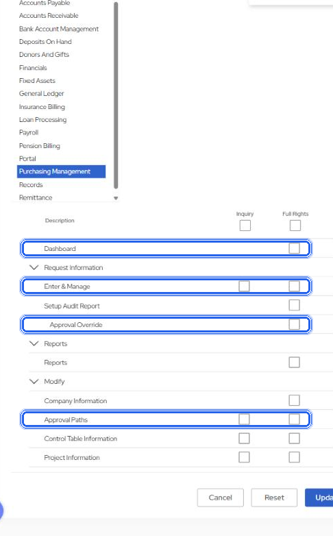 Old Task Role editor, Purchasing Management: the Dashboard row, then Request Information with Enter & Manage (the request page) and Approval Override, and Modify with Approval Paths.