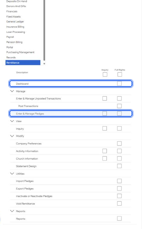 Old Task Role editor, Remittance: the Dashboard row; Manage holds Enter & Manage Pledges, the page behind Open in Remittance.