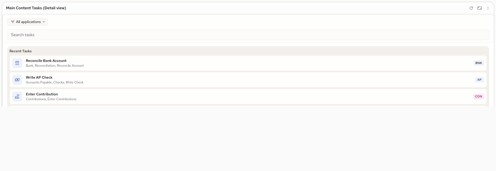 Main Content Tasks: every tile is a link to its task's page, and only tasks the user holds are shown. The right model, kept.